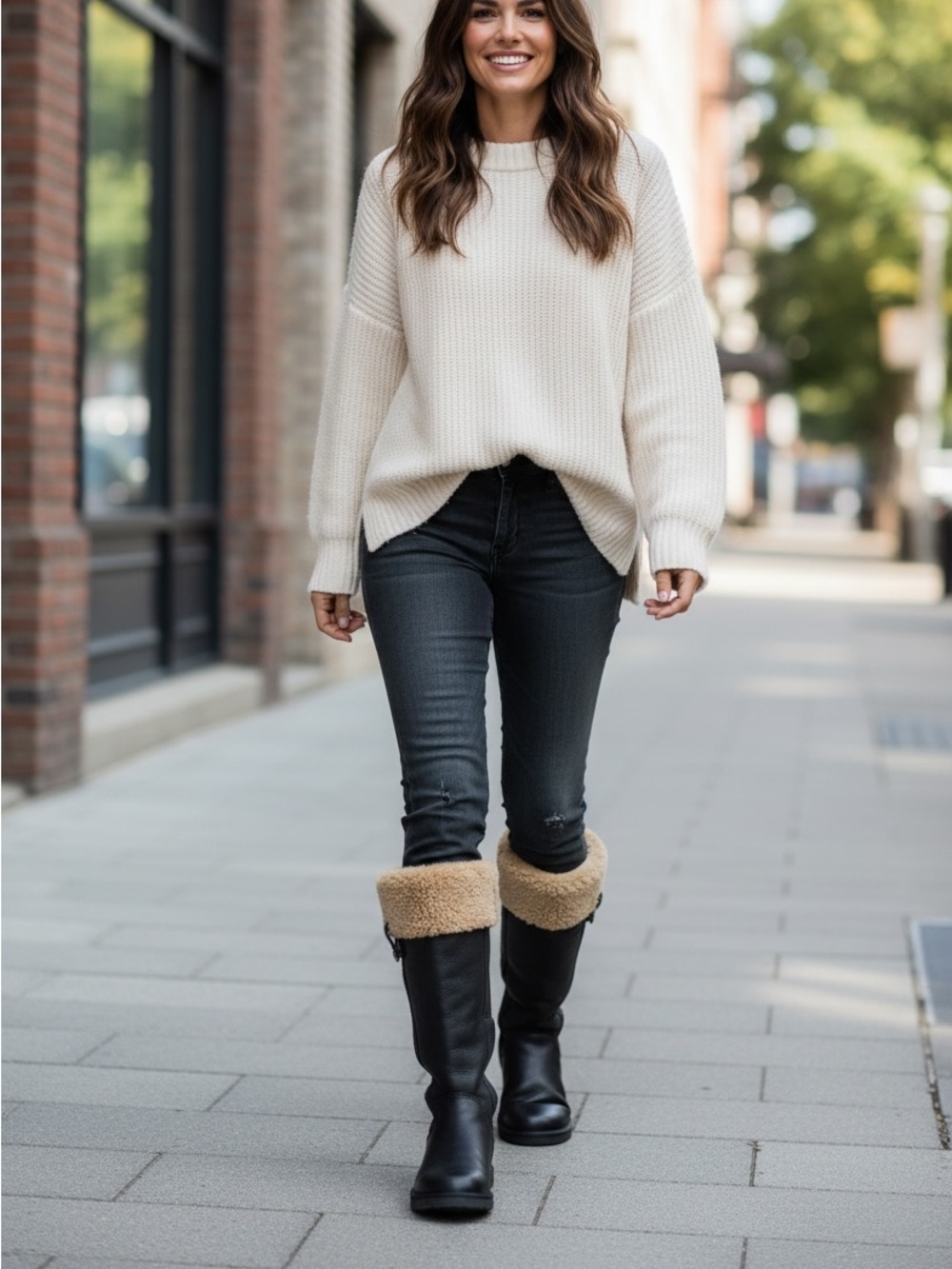 UGG Black Leather Tall Boot with Chestnut Shearling Cuff - Picture 4 of 16
